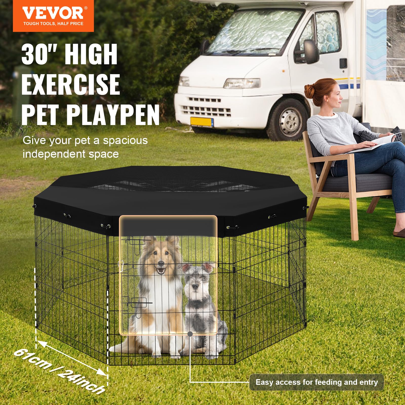 VEVOR Dog Playpen, 8 Pcs 30H x 24W Panels Foldable Metal Pet Exercise Pen, Dog Fence Indoor and Outdoor Pen with Door, 600D Oxfo